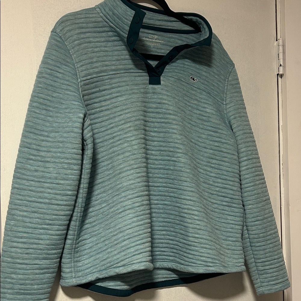 Vineyard Vines Quilted Pullover Sweater in Light Aqua with Dark Teal Trim